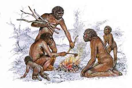 A family of hominids cooking meat over a fire
